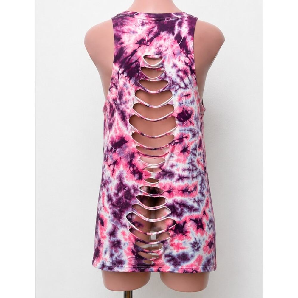 Sleeveless Cropped Hand Cut Out Plum & Pink Cream Tie Dye Crew Neck Top S - Picture 3 of 13